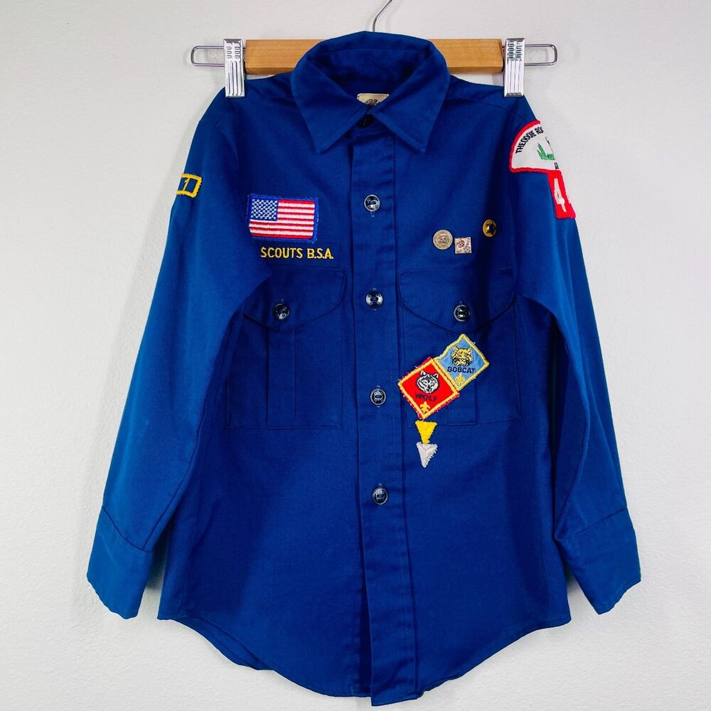 VTG Boys Official BSA Boy Scout Cub Scout Long Sleeve Uniform Small Patches Pins